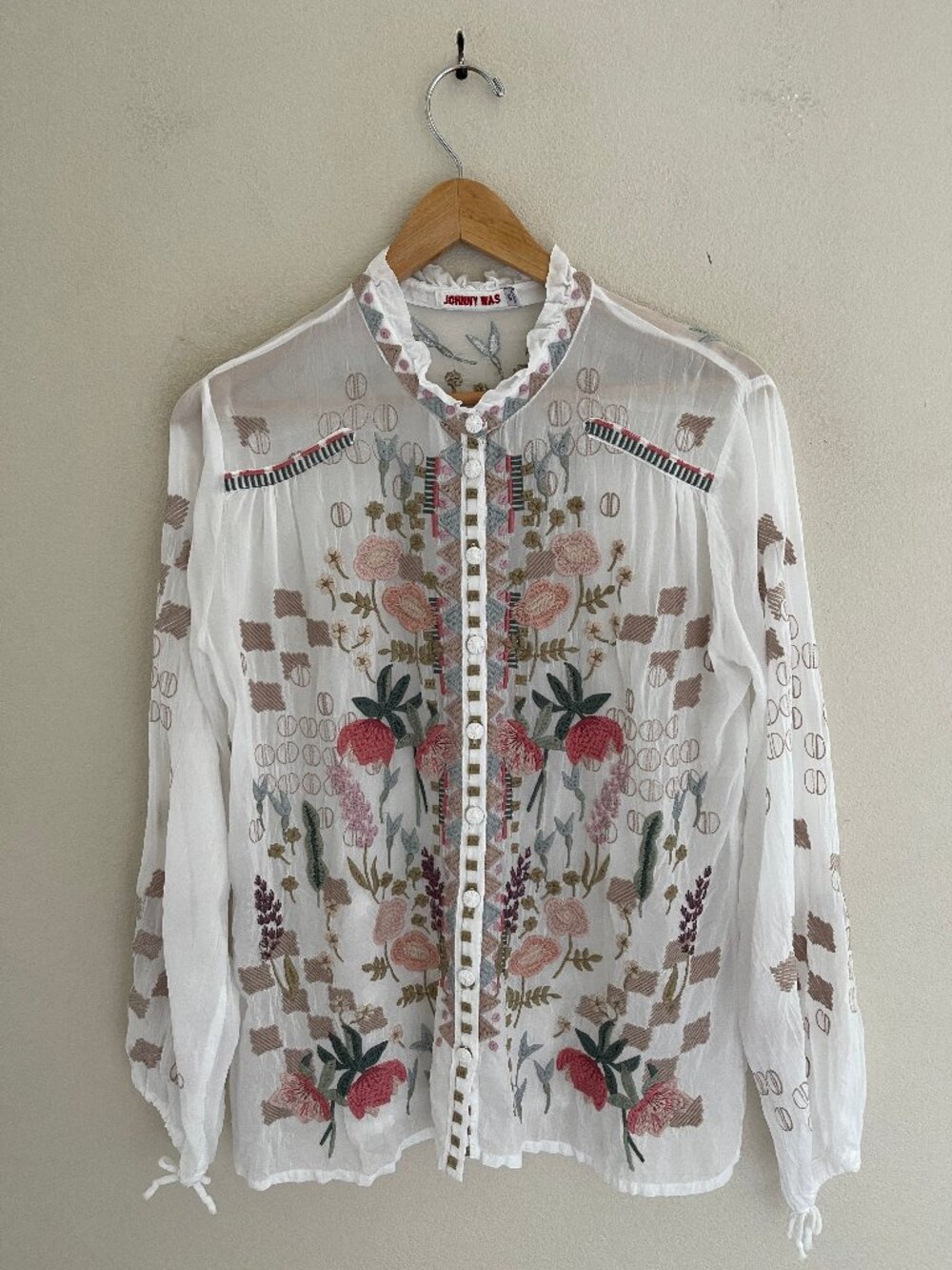 JOHNNY WAS Heavily Embroidered Blouse; XS; Pit to Pit: 20"; Excellent Condition!